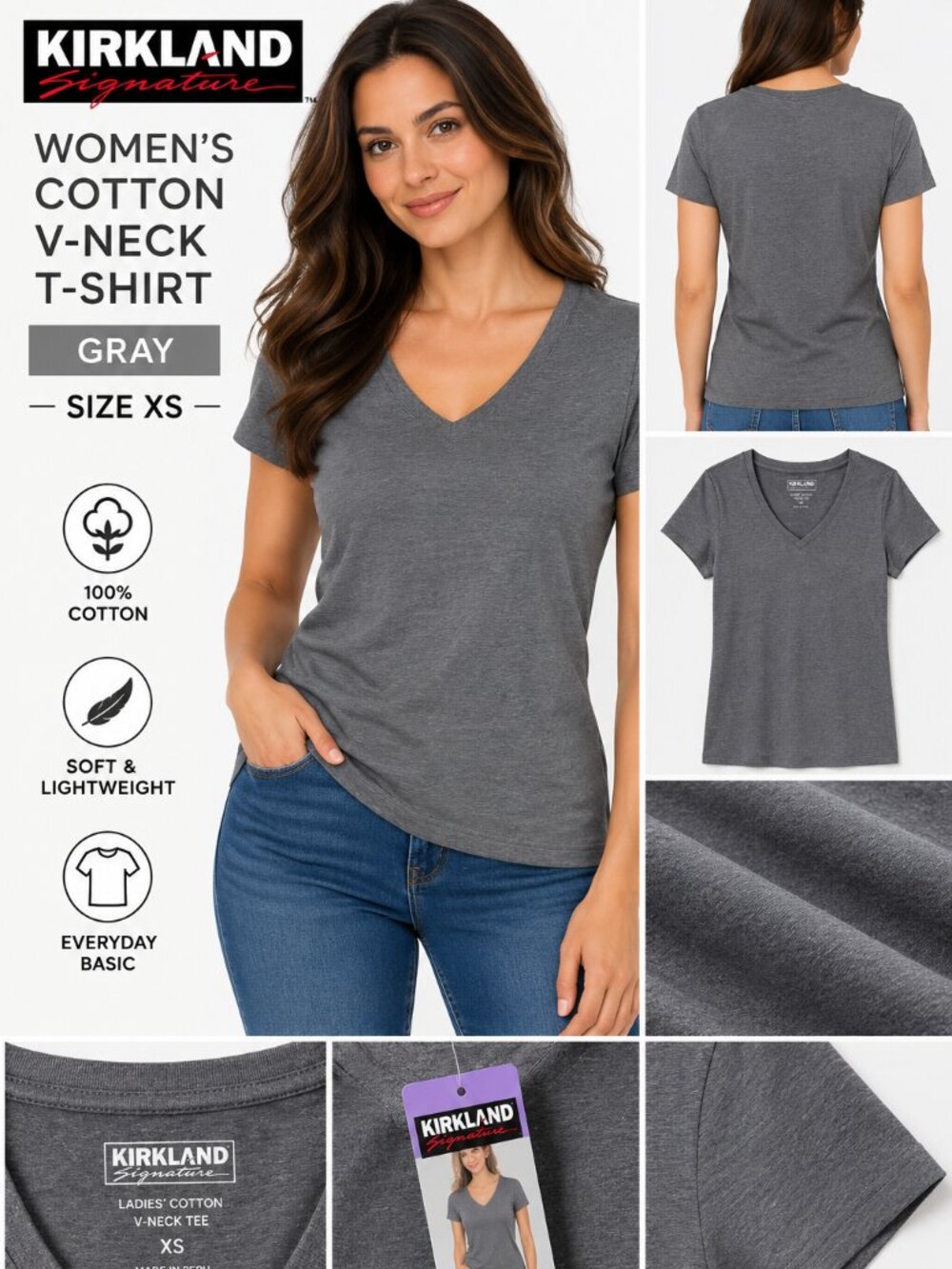 Kirkland Signature Women’s Gray Cotton V-Neck T-Shirt XS NWT